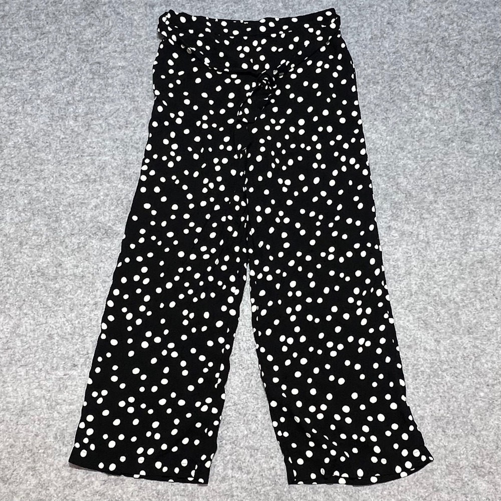 F&F Black White Polka Dot Flowy Viscose Wide Leg Belted Pants US 8